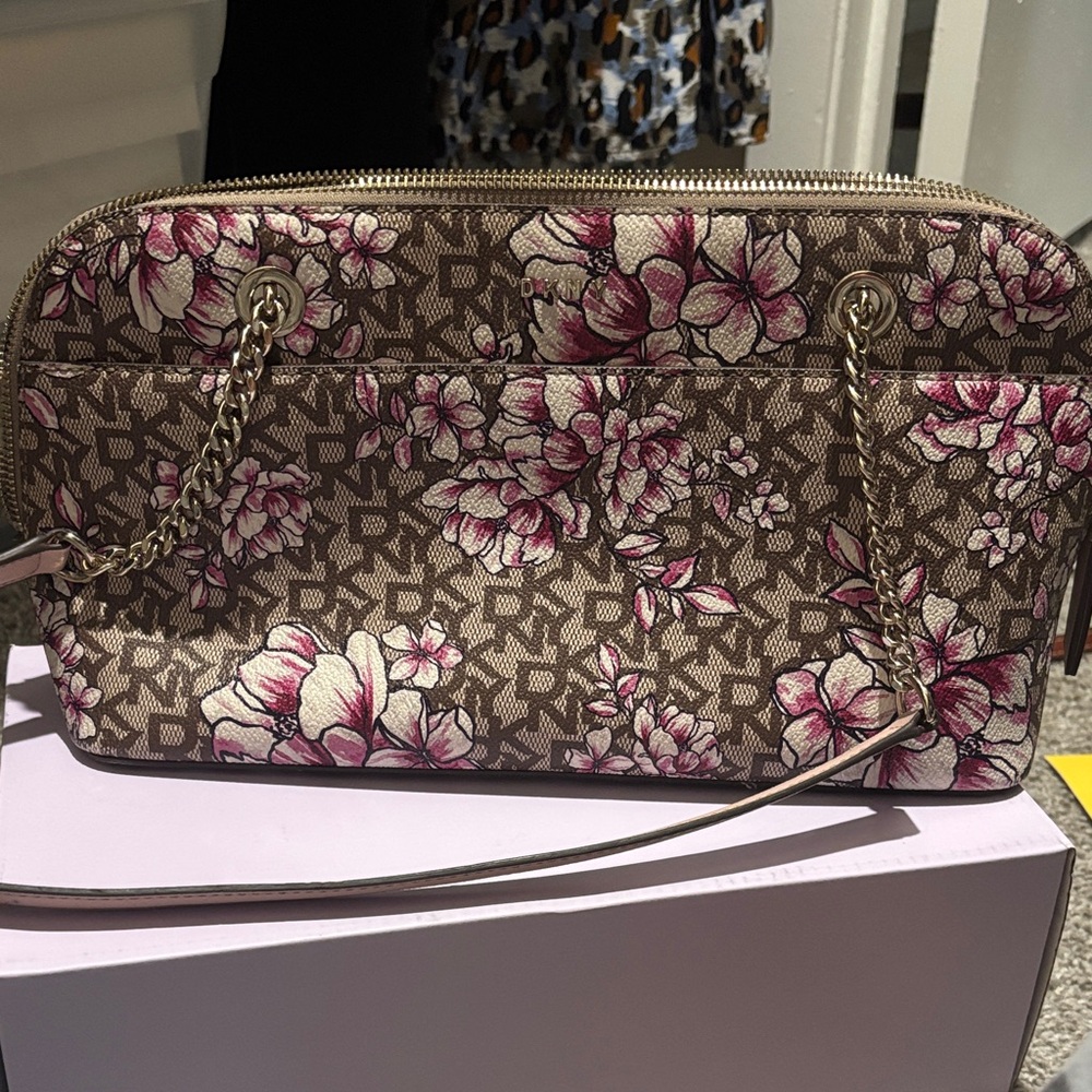 DKNYC Brown and Pink Floral Crossbody Bag